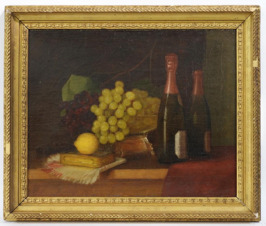 19C. American Grape Tabletop Still Life Painting: ,United States,19th Century Depicting a silver bowl of green and red grapes near a lemon and box with two bottles of wine on a tabletop. Oil on canvas,Canvas 21" x 17",Frame 25 1/2" x 21 1/2" From the