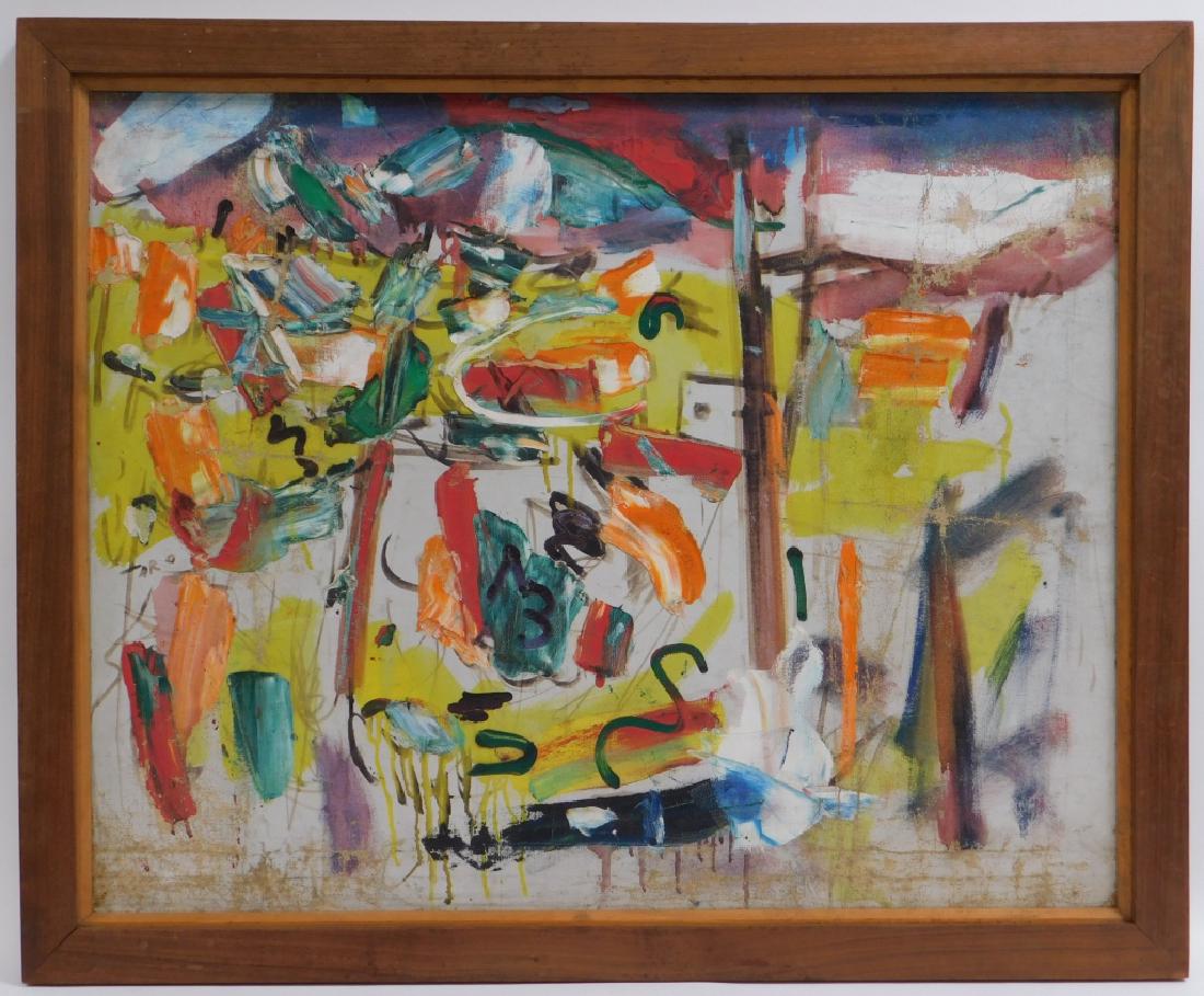 Taro Yamamoto Landscape #4 Abstract O/C Painting: ,California, Connecticut, New York,1919-1994 Abstract expressionist composition of yellow, blue, orange, purple, red, and green with various shades and areas of impasto.,Oil on canvas,Canvas 24" x 30"