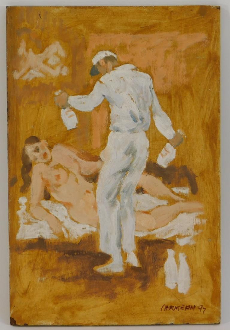 Harry Carmean Modern Milkman & Nude Woman Painting: Harry Carmean,California, Kansas,b.1922 Depicting a uniformed Milkman grasping a milk bottle in each hand while standing over a recumbent nude female.,Oil on board,Board 12" x 8", Signed and dated "Ca