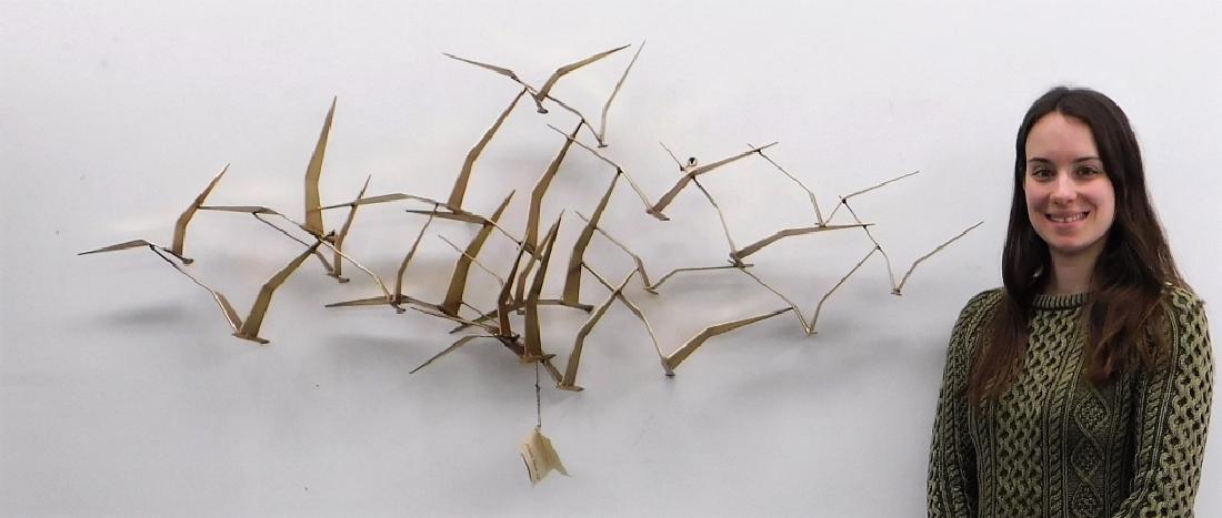 Curtis Jere Modernist Abstract Sculpture of Birds: Curtis Jere,California, China,1910-2008 Gilt angled iron forming a flock of twenty-two interlocking seagulls.,Iron,58 1/2" across, Signed "CJere 1968" on wing of bird. Retains original "C. Jere Artisa