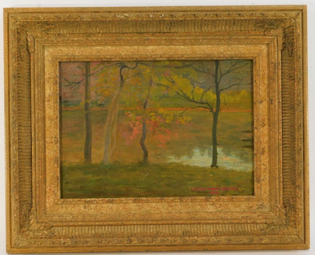 Oliver Smith Long Pond Bay Landscape Painting: Oliver Phelps Smith,Connecticut, New York,1867-1953 Naturalist work depicting four slender trees on the bank of Long Pond in Bay Ridge, Long Island, New York with a forested background. Notice the ref