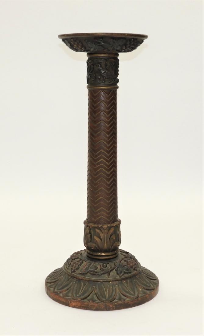 American 19C. Grape Vine Relief Carved Pedestal: ,United States,19th Century Finley carved with grape and vine pattern upon a zigzag pattern shaft with birds and tendrils on an acanthus leaf, grape, and vine base with original polychrome remnants.,P