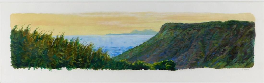 Conley Harris Hilltop at Yashima Pastel Painting: Conley Harris,Massachusetts,b.1943 Depicting Yashima Mountain in Japan overlooking the Pacific Ocean ocean at sunset with tropical islands in the background.,Pastel over monotype,Sight size 10 3/4" x