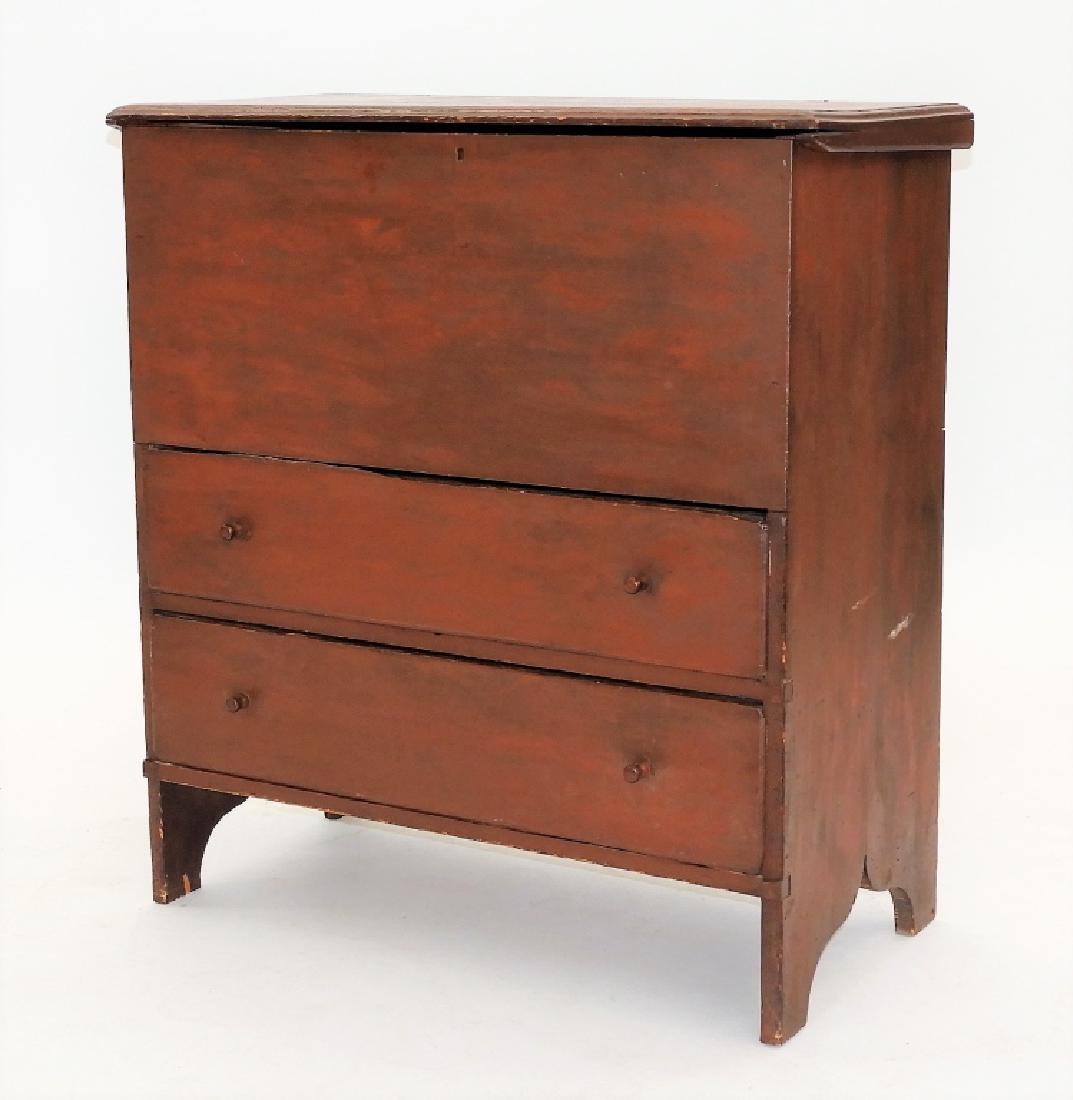 18-19C. New England Barn Red Blanket Chest: ,New England,18th-19th Century Original red paint on pine with lift top over two drawers in six board frame with boot jack sides.,Wood,38" w x 19" x 41",