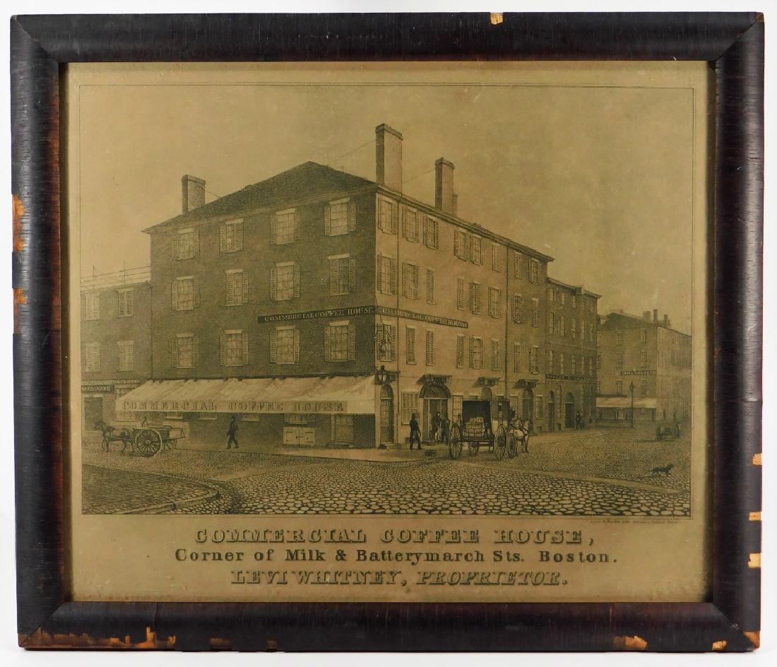 19C Boston Coffee House Advertising Lithograph: ,United States,19th Century Advertisement for the Commercial Coffee House on the corner of Milk and Batterymarch Street, Boston, Massachusetts, printed by Lane & Scott's Lithographers (1844 to 1848).,