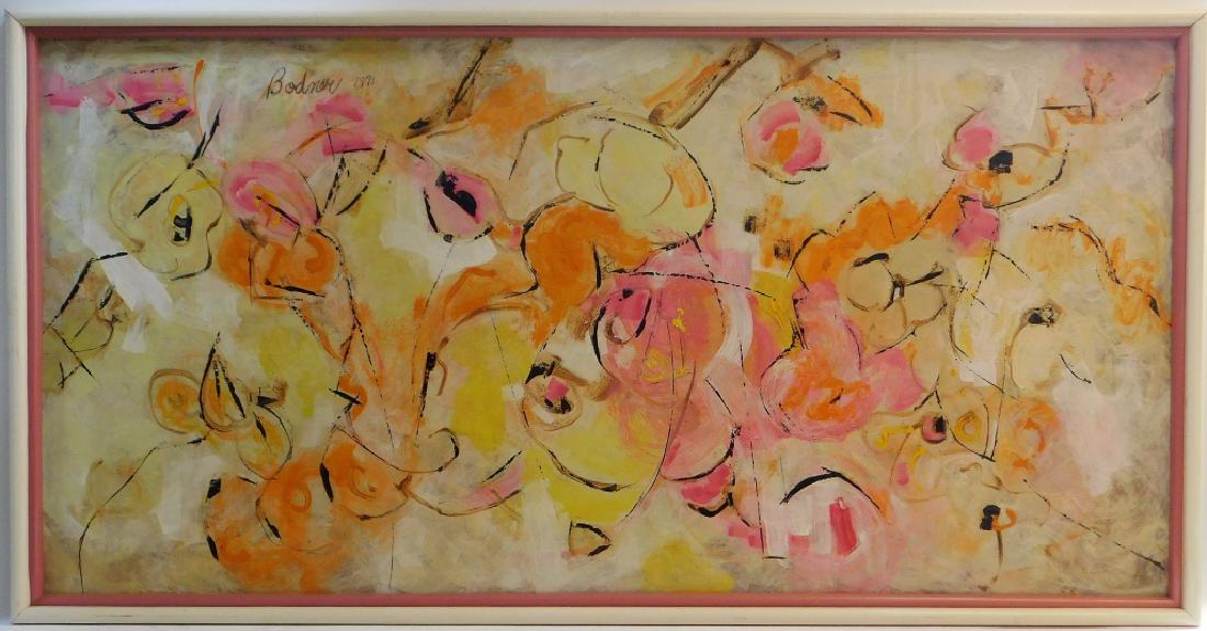 LG Walter Bodmer O/B Colorful Abstract Painting: Walter Bodmer,Switzerland,1903-1973 Modernist abstract composition of whimsical swirls and forms in somber hues of pink, yellow, and orange.,Oil on board,Board 24" x 47 1/2",Frame 25 3/4" x 49 1/2" Si