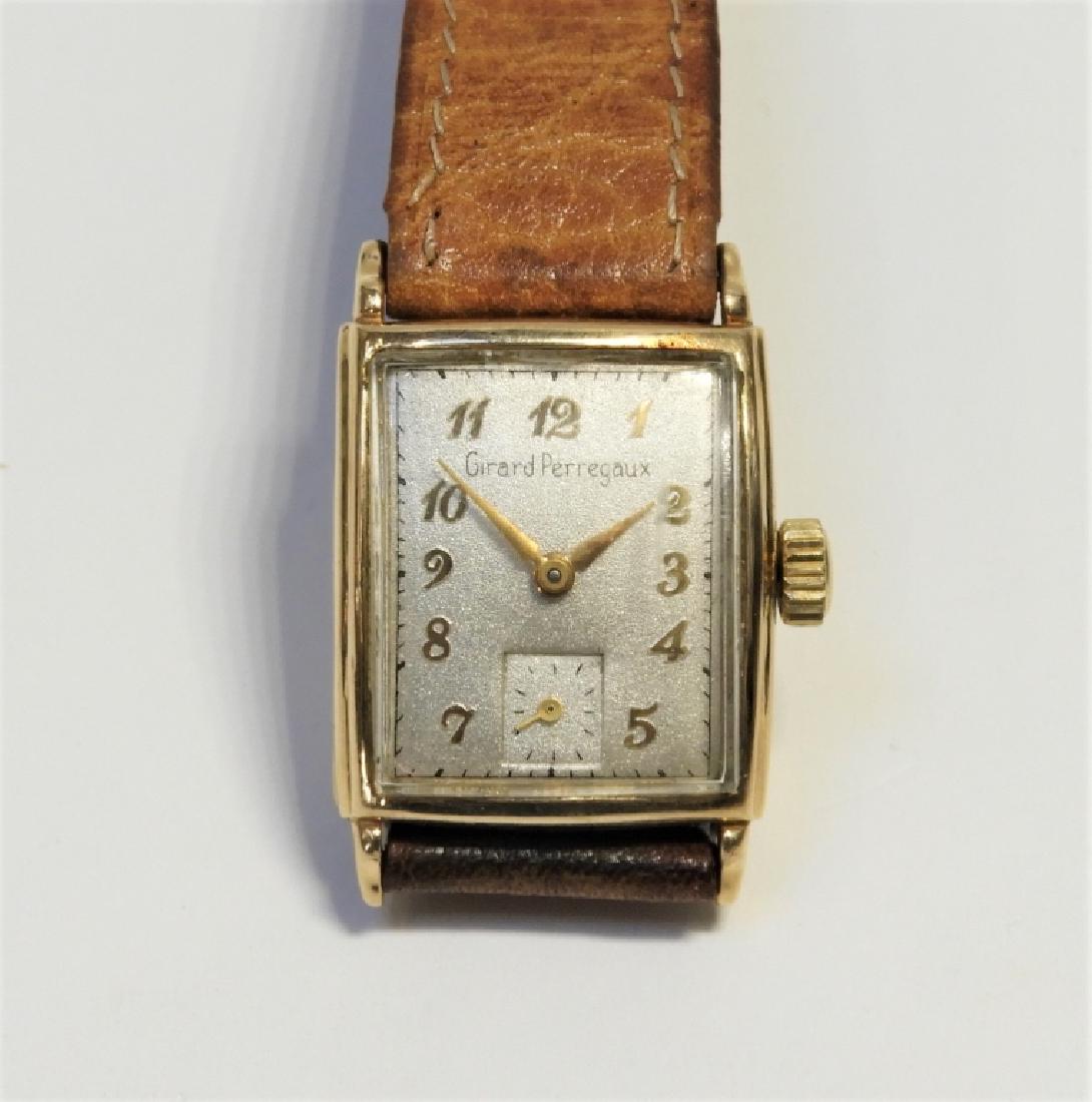 Girard Perregaux 14KT Gold Men's Dress Watch: ,,20th Century Rectangular design with bubble crystal, silvered face with Arabic numerals with subsidiary second dial set in 14KT gold frame with leather band (as-is),14KT gold, crystal, leather, stee