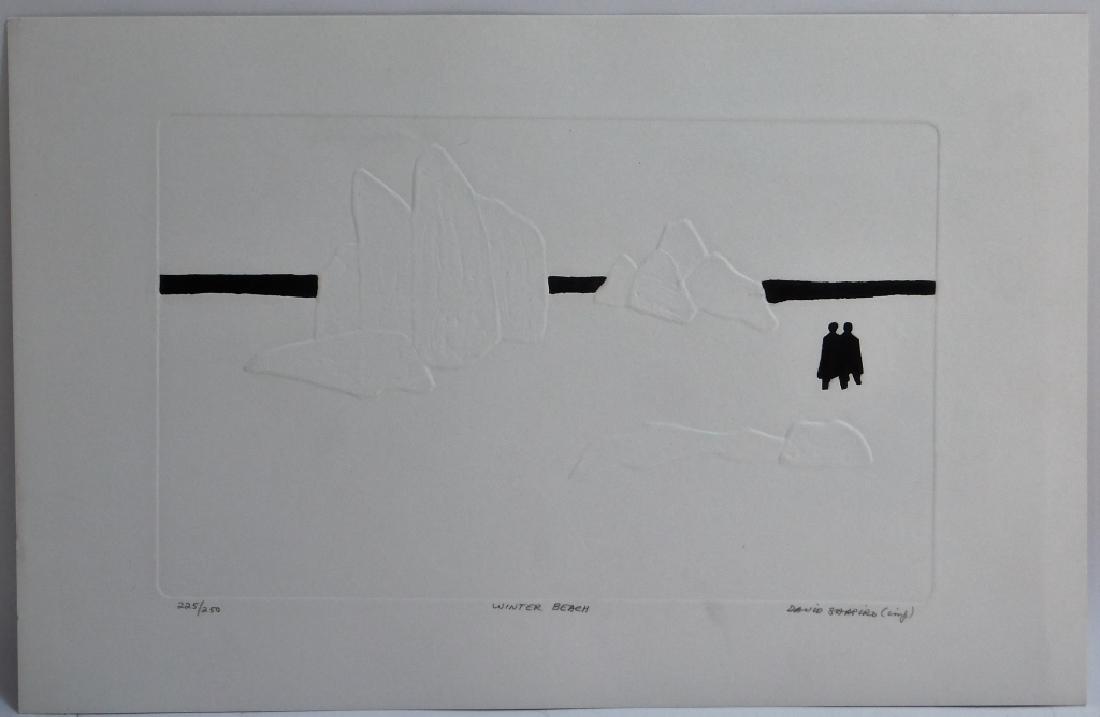 David Shapiro Winter Beach Modern Intaglio Print: David Shapiro,New York,1944-2014 Winter Beach, edition 225 of 250.,Engraving with color on paper,Impression 8" x 12 3/4",Sheet 11 3/8" x 17 3/4" Signed, titled, and numbered in pencil on lower margin.