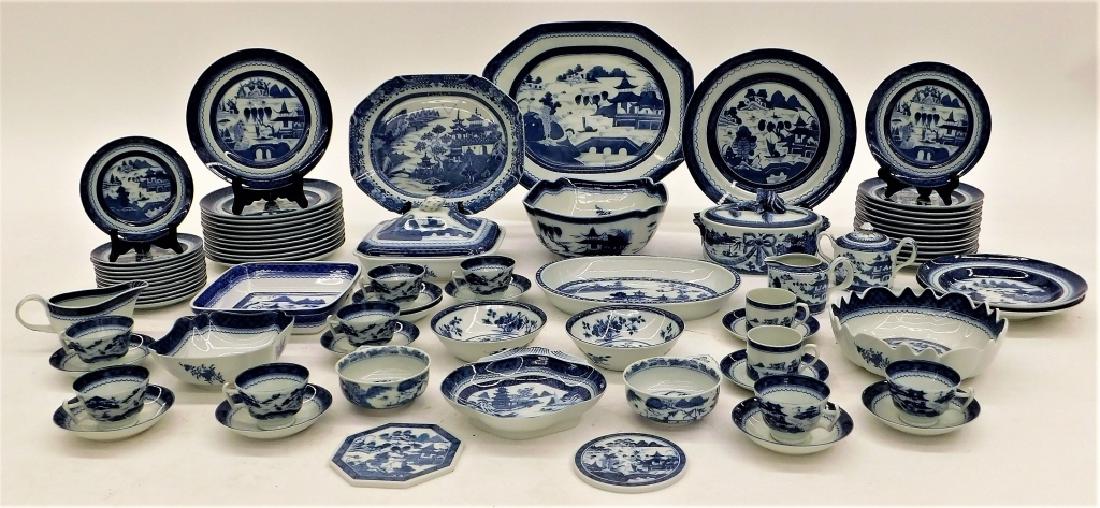 79PC Mottahedeh Blue &White Canton Dinner Service: ,Portugal,20th Century Seventy-eight piece Mottahedeh Historic Charleston Reproductions blue and white porcelain dish service for twelve decorated in Blue Canton and other blue and white historic Chin