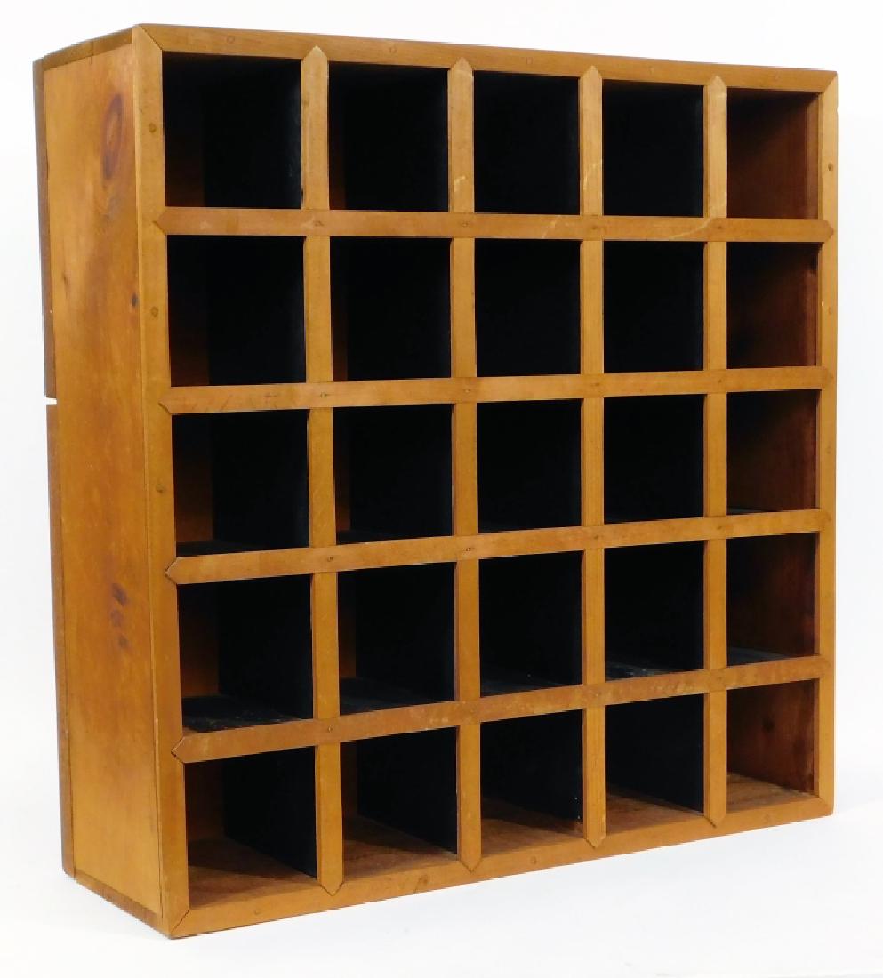 20C Country Primitive Pigeon Hole Wall Cabinet: ,United States,20th Century Grid-like construction with twenty-five square storage cubicles.,Wood,26 3/4" x 8" x 26 3/4" tall, From the collection of an East Greenwich, Rhode Island gentleman.