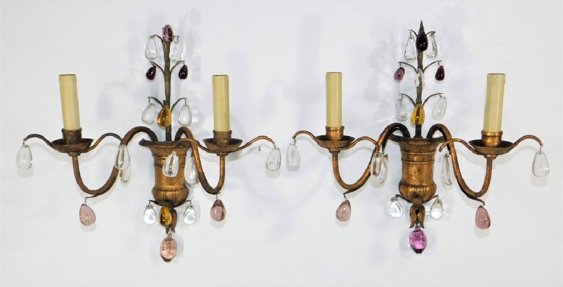 PR Gilt Bronze Crystal Drop Topiary Wall Sconces: ,Europe,Circa 1930 Matching two light planter form with topiary fruit tree and hanging crystal fruit.,Bronze, crystal,Overall 16" t x 15" w x 8" off the wall, From the collection of a Medfield, Massac