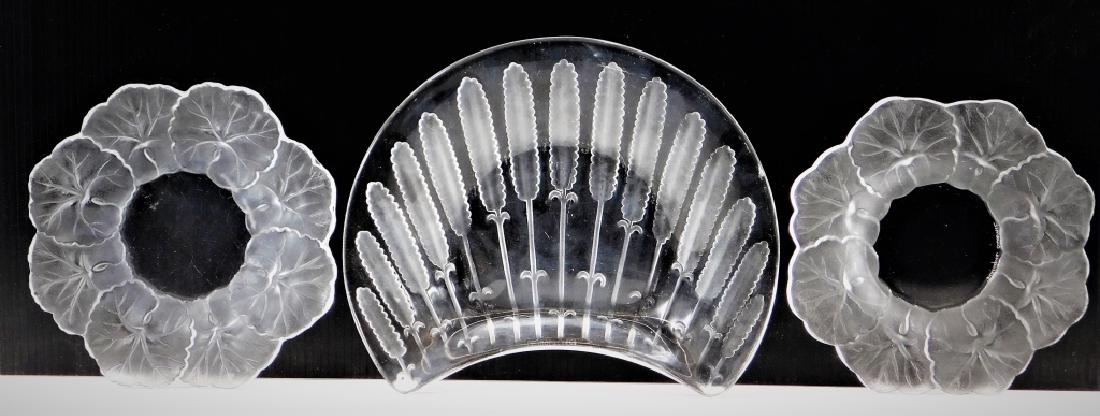 3 Lalique France Etched Crystal Glass Candy Dishes: ,France,20th Century Group includes a pair of frosted lily pad dishes and one fan shaped frosted hyacinth pattern dish.,Glass,Hyacinth dish 8" x 5 3/4",Pair 6" dia. All etched "Lalique France" on bott
