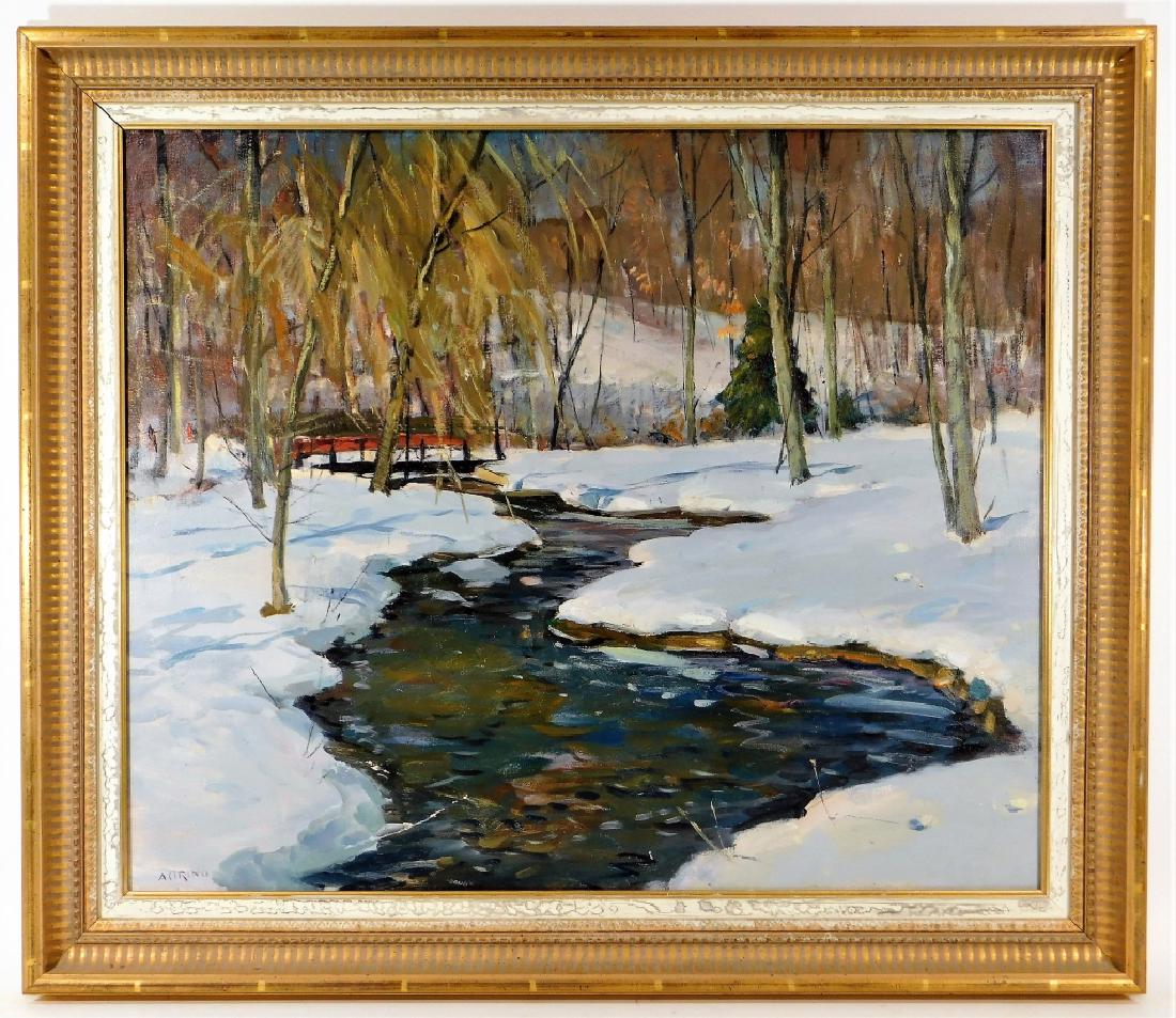 Antonio Cirino O/C Winter Landscape Painting: Antonio Cirino Rhode Island, Italy,1889-1983 Impressionist work depicting a meandering stream through a snow capped forest with a small walking bridge in the background. The painting is accompanied wi