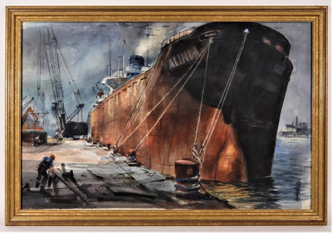 Spencer Crooks Industrial Tanker Barge Painting: Spencer Crooks Rhode Island,1917-2004 Depicting a large tanker "Alinda" moored to the dock with a man cutting lumber on a saw horse in the foreground. Watercolor on paper,Image 25" x 16 1/4",Frame 27
