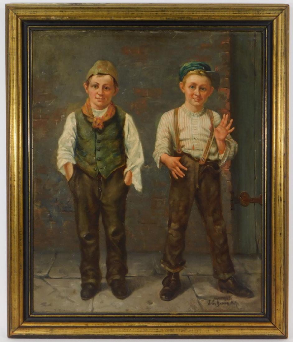 John George Brown American Children Genre Painting: John George Brown New York, California,1831-1913 Realist work depicting two young boys standing on a cobblestone sidewalk against a brick wall near a green painted door. A finely detailed work and gre