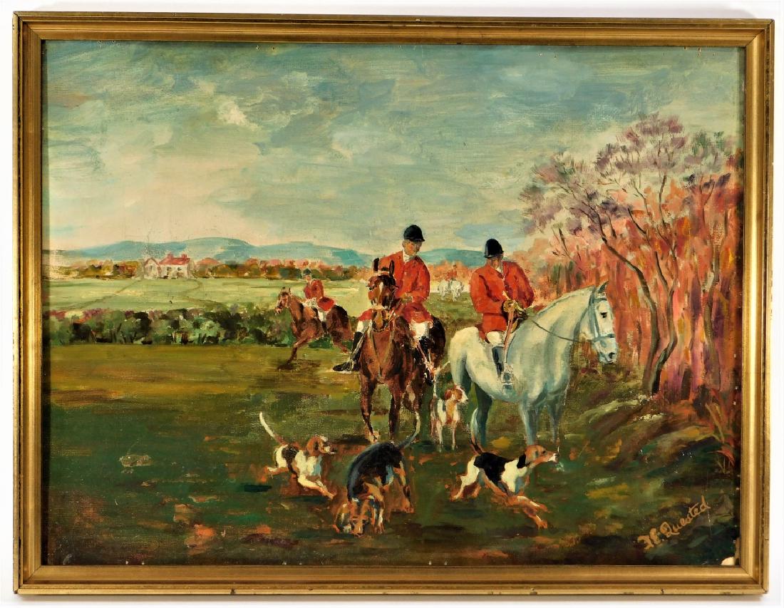 English Fox Hunting O/C Landscape Painting: England,20th Century Naturalist work depicting four huntsmen on horseback with a pack of beagles in the foreground. Oil on board,Board 14 3/4" x 19 3/4",Frame 16 1/8" x 21 1/8" Signed "F.E. Quested" i