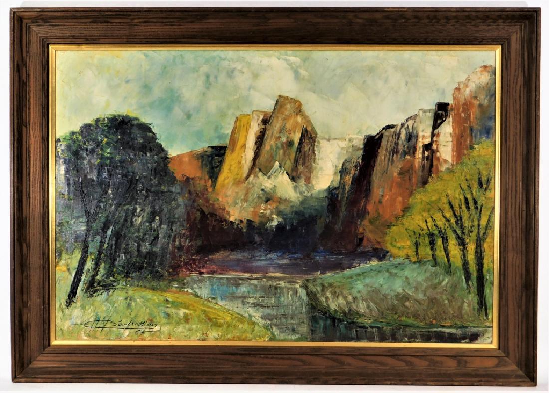Nubar Bedrossian O/C Post Impressionist Painting: Nubar Bedrossian Armenia, France, United States,1899-1981 Modernist work depicting an outcrop of Rocky Mountain National park with a tree lined river in the foreground. Oil on Canvas,Canvas 24" x 36",