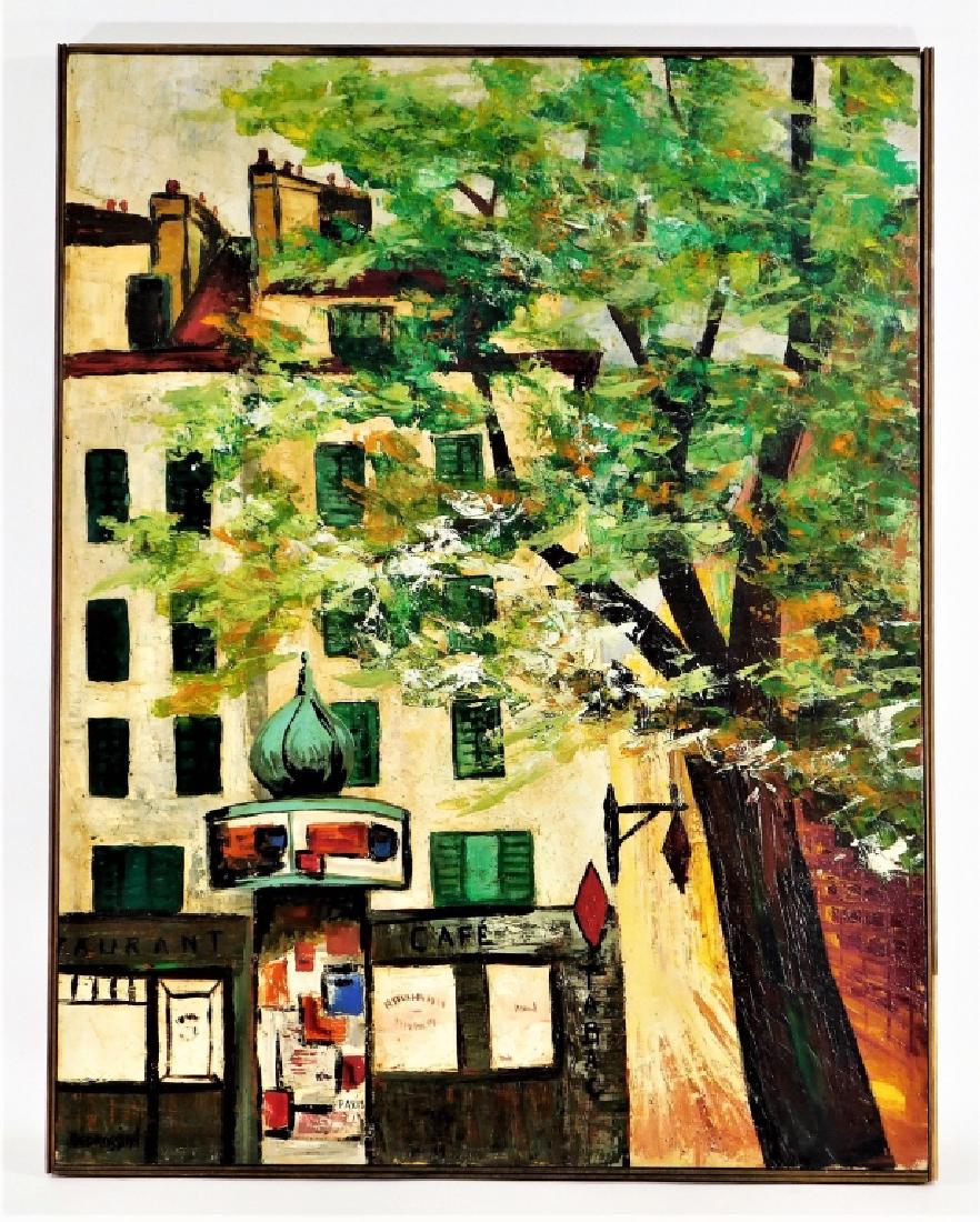 Nubar Bedrossian Modernist Parisian Street Scene: Nubar Bedrossian Armenia, France, United States,1899-1981 Post impressionist work depicting a corner cafe with a large tree and poster covered kiosk in the foreground. Oil on canvas,Canvas 36" x 28",F