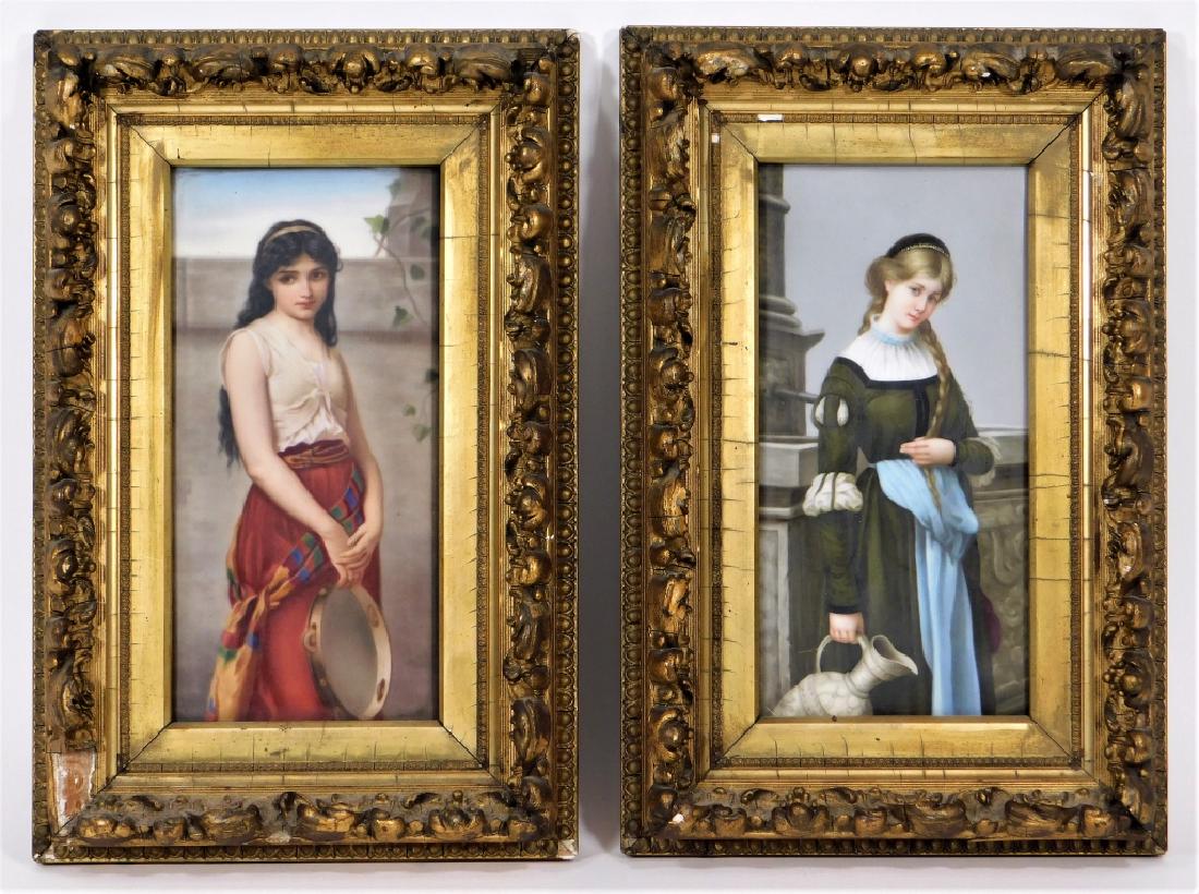 PR German Berlin Porcelain Marguerite & Mignon: Germany,Early 20th Century Exceptional pair, the first depicting a beautiful tambourine girl "Mignon" after George Hom (1838-1911), the second depicting a youthful woman with classical attire holding 