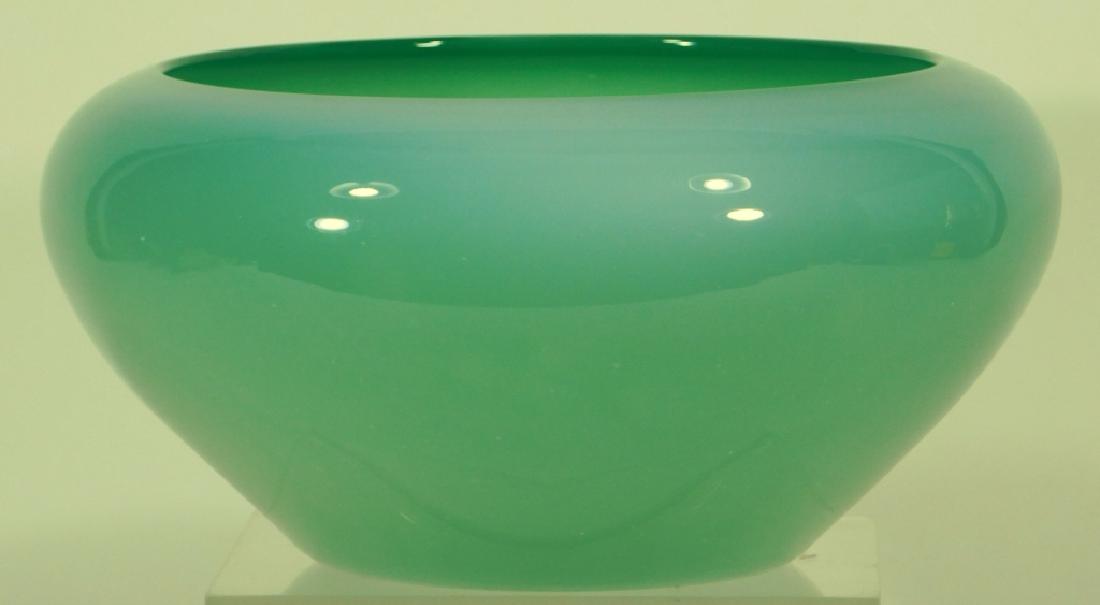 Frederick Carder Steuben Jade Green Art Glass Bowl: New York,20th Century Large center bowl with brilliant jade coloring possessing a tinge of blue, edge and bowl bottom with darker shade of green, notice the nice wear to foot. Glass,11 1/2" x 5 3/4",