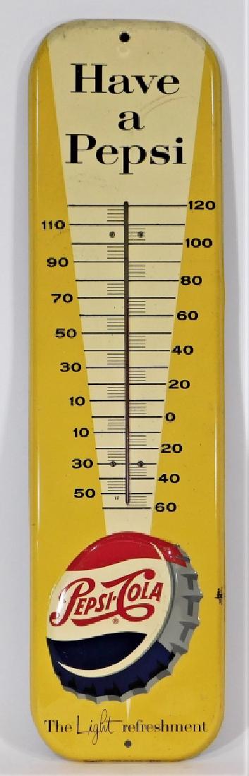C.1950 Pepsi Cola Embossed Advertising Thermometer: United States,Circa 1950 "Have A Pepsi, The Light Refreshment" embossed bottle cap thermometer, original condition. Tin, enamel, glass,27 1/2" x 7 1/4", From the estate of an East Greenwich, Rhode Isl