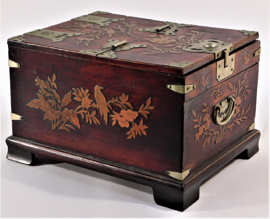Japanese Inlaid Wood Jewelry Dresser Box: Japan,20th Century Rectangular form with lift top over one drawer with metal hardware and inlaid with bird and floral decorations throughout. Wood, metal, and glass,9 1/4"w x 12"d x 7 1/4" t, From the