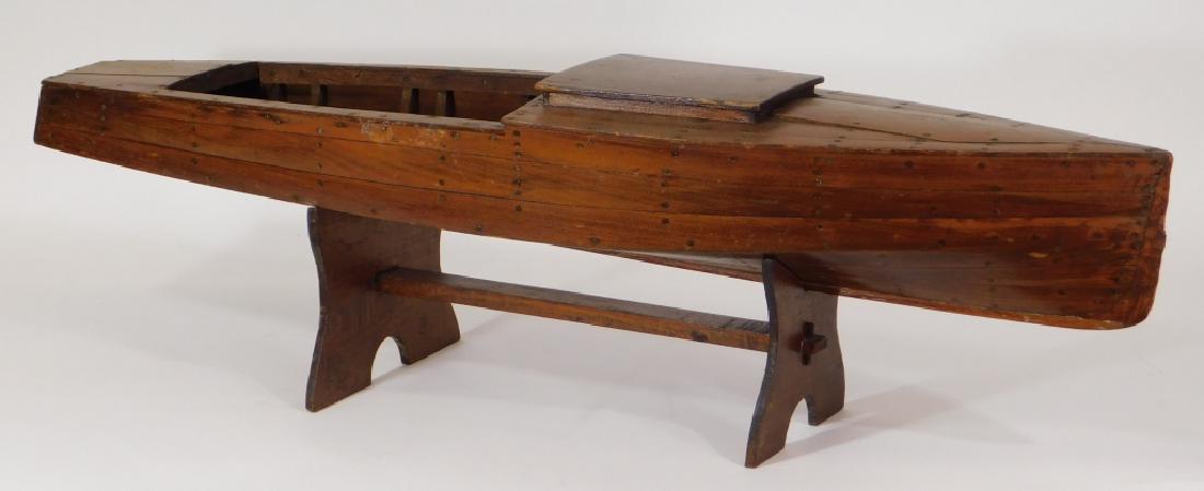 Vintage Chris-Craft Wood Boat Pond Ship Boat Model: United States,20th Century Primitive folk piece possibly constructed of old cigar boxes, model exhibits a gusseted interior and shiplap exterior fastened with small brass screws, accompanied with a di