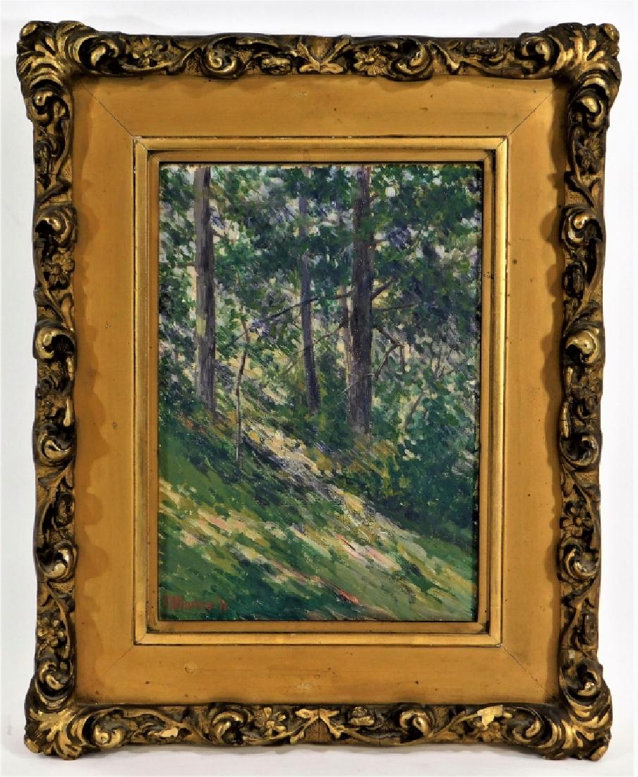 Thomas B. Norris Impressionist Landscape Painting: Thomas Bowler Norris Massachusetts, Rhode Island,1866-1927 Impressionist work depicting a wooded hillside on a Summer's day, housed in a period gilt wood frame. Oil on Canvas,Canvas 10" x 7",Frame 15"