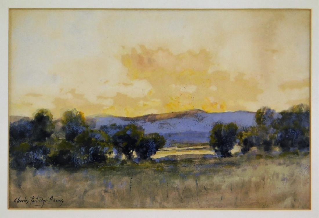 Charles P. Adams California Landscape Painting: Charles Partridge Adams Colorado, California, Massachusetts,1858-1942 Impressionist work depicting a desert with scattered shrubbery and tumbleweeds against a mountainous background illuminated by a m