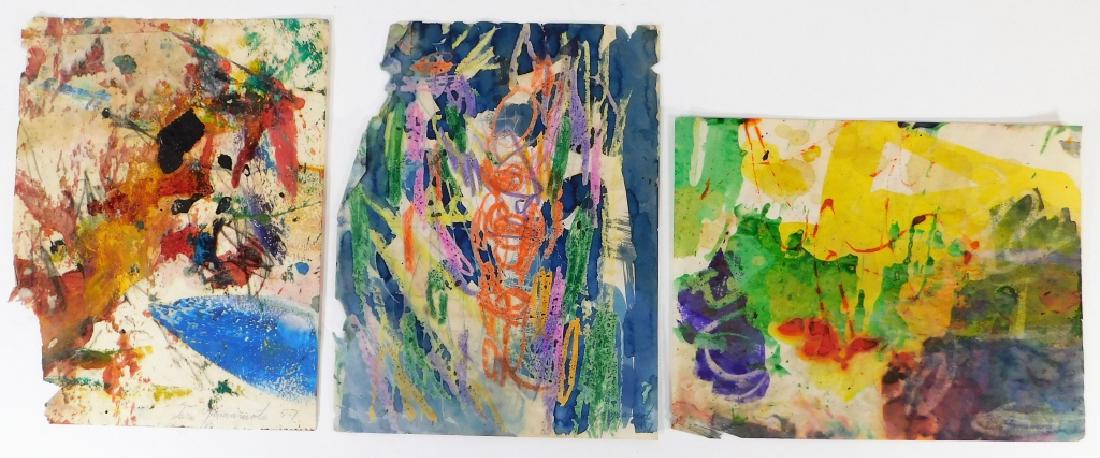 3 Taro Yamamoto Abstract Expressionist WC Painting: Taro Yamamoto California, New York,1919-1994 Group includes three expressionist compositions, one "Toccata, Adagio, and Fugue C Major" executed in crayon, the other two untitled utilizing a mix of pai