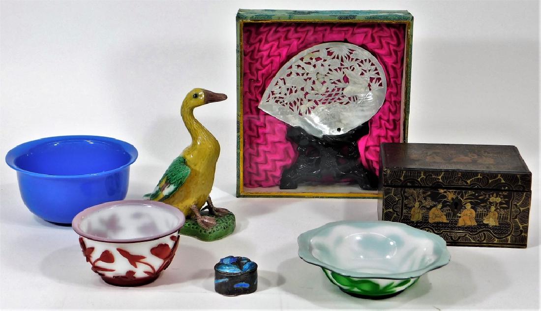7PC Estate Chinese Porcelain M.O.P. Peking Glass: China,19th-20th Century Group includes three pieces of Peking glass, porcelain Mandarin duck, mother of pearl carved shell on base, silver alloy enamel bat box, and a lacquer tea caddy with insert. Po