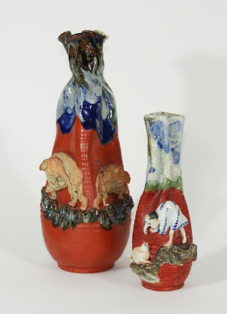 2PC Japanese Meiji Period Sumida Gawa Vase Group (1 of 7)