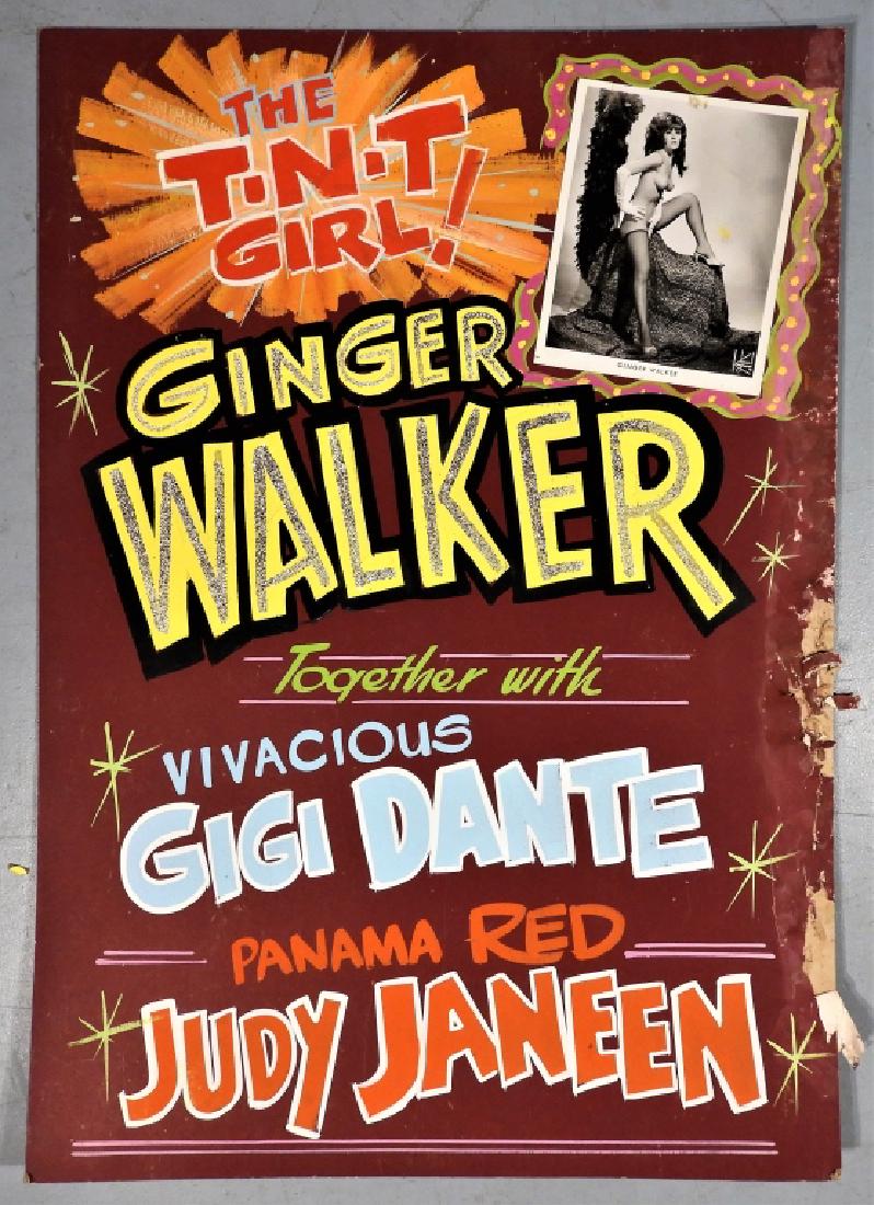 Ginger Walker Nude Revue Erotic Stripper Poster: United States,Circa 1960 Original erotic advertising poster for Ginger Walker the T.N.T girl along with Vivacious Gigi Dante and Panama Red Judy Janeen. 40" x 28", From the collection of a North Scitu
