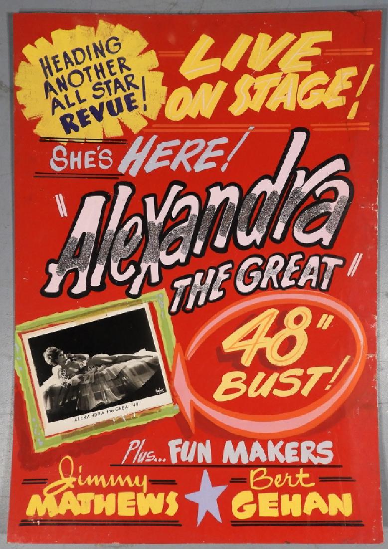 Alexandra The Great 48 Erotic Nude Revue Ad Poster: United States,Circa 1960 Original advertising poster for Alexdra the Great 48, known for her 48" bust along with Jimmy Mathews and Bert Gehan. 40" x 28", From the collection of a North Scituate, Rhode