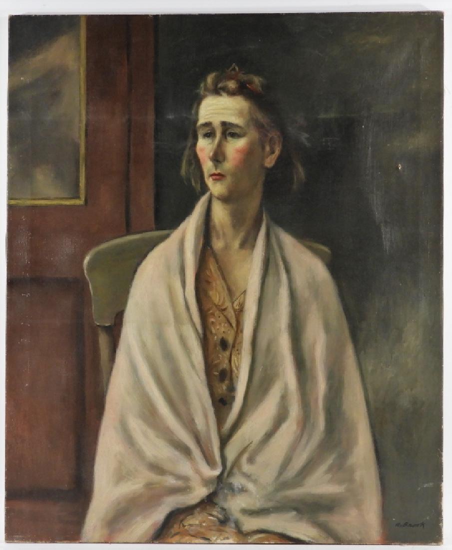 Alexander Brook O/C Portrait Painting of a Lady: Alexander Brook New York, Georgia,1898-1980 Depicting a seated mature lady with shawl wrapped around her shoulders staring mournfully into the distance. Canvas 34" x 28", Signed "A. Brook" lower right