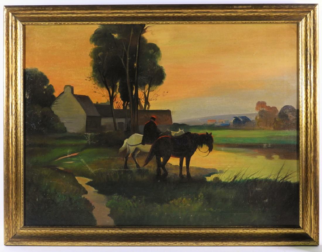Signed O/C Sunset Horse Landscape Painting (1 of 7)