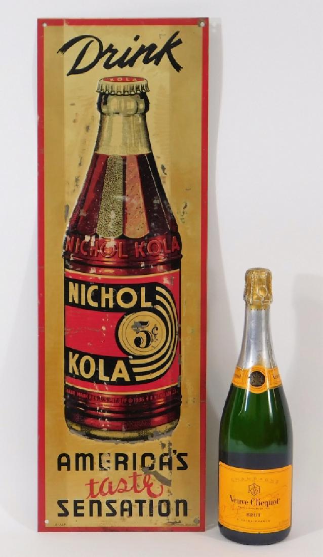 Drink Nichol Kola Soda Advertising Tin Sign: United States,20th CenturyVertical bottle design reading "Drink Nichol Kola America's taste Sensation" by Parker Metal Dec .Co.Tin,24" x 8",From the collection of Russell Buteau, Millville, Massachuse