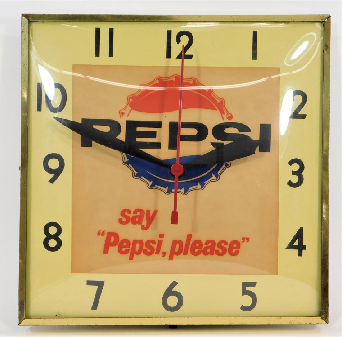 Square Lighted Pepsi Advertising Clock: United States,20th Century Face reads "Say Pepsi Please" with gold edge and black hands and bubble glass, working condition. Metal and glass,13" x 13", From the collection of Russell Buteau, Millville