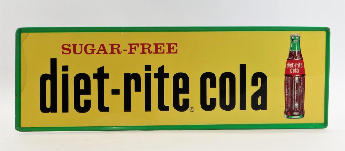 Sugar free Diet Rite Cola Advertising Sign: United States,20th CenturyLarge size sign with a soda bottle reading "Sugar Free Diet Rite Cola".Tin,54" x 18",From the collection of Russell Buteau, Millville, Massachusetts. Life long collector of C