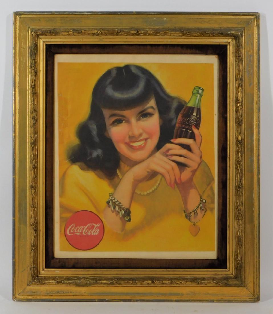 Antique Coca Cola Girl Paper Advertisement Sign: United States,First half 20th CenturyDepicting a black haired girl holding a bottle of Coke.Paper,15 1/2" x 12 1/2" sight size,Frame 22" x 19"From the collection of Russell Buteau, Millville, Massachu