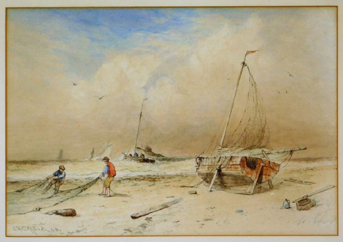 Charles Henry Gifford WC Landscape Painting: Charles Henry GiffordMassachusetts,1839-1904Depicting a beached sailboat at low tide as two men unravel a fishing net beneath a blue sky enveloped with stormy clouds.Watercolor on paper,Sight size 8 3