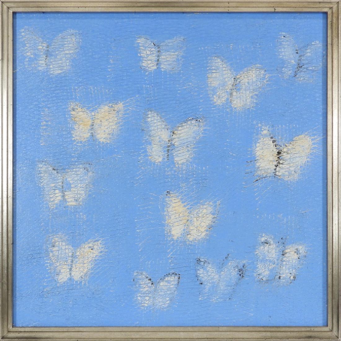 Hunt Slonem White Sulphur Expressionist Painting: Hunt Slonem New York, Maine, Louisiana,b.1951 Expressionist composition of white butterflies over a powder blue background executed with Slonem's unmistakable sgraffito technique. Originally born in M