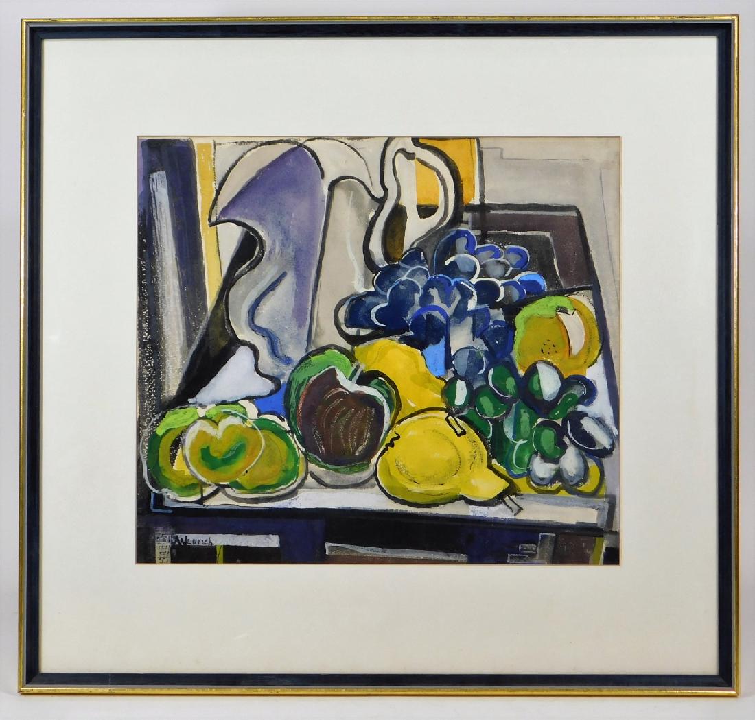 Agnes Weinrich Modernist Fruit Still Life Painting: Agnes WeinrichMassachusetts, Iowa,1873-1946Semi-abstract work depicting grapes, apples, pears, and a water pitcher on a tabletop.Watercolor on paper,Sight size 12 3/4" x 14 1/4",Frame 20" x 21"From th