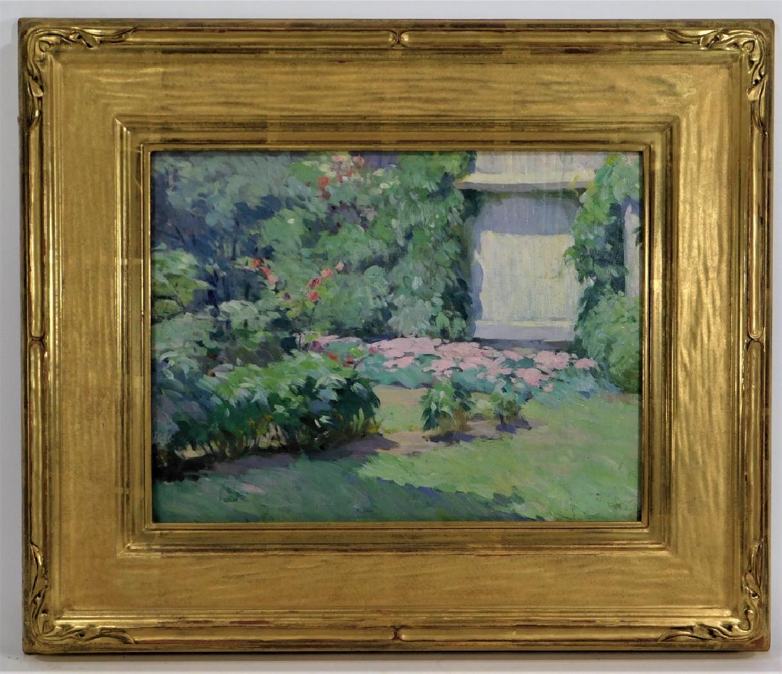 Mabel Woodward Flower Garden Landscape Painting: Mabel May Woodward Rhode Island,1877-1945 Impressionist work depicting a blossoming pink and white flower garden with white picket fence in the background. Oil on board,Board 10" x 13 1/4",Frame 16 3/