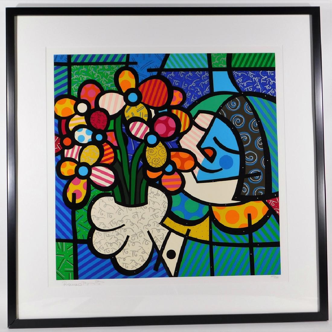 Romero Britto Flowers For You Pop Art Serigraph: Romero Britto Brazil,b.1963 Flowers For You, edition 287 of 300, 1990. Serigraph on paper,Image 28" x 28",Frame 40" x 40" From the collection of a Warwick, Rhode Island lady. Accompanied with original