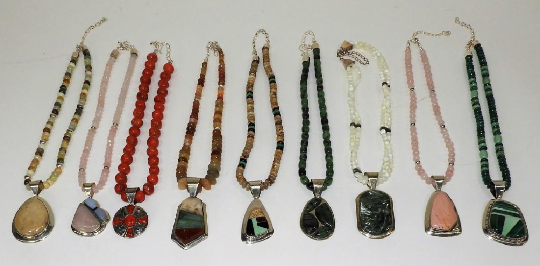 9 Estate Sterling Silver Beaded Stone Necklaces: China,ContemporaryNine heavy and nicely made sterling silver necklaces adorned with stones of all types including malachite, quartz, agate, and so much more. Please refer to photographs.Stones, sterli