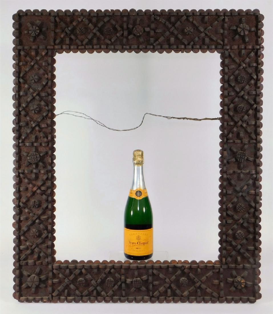 FINE 19C American Folk Tramp Art Cork Wood Frame: United States,Late 19th-Early 20th Century Intricately decorated with slices of cork in a repeated geometric and star pattern. Cork and wood,33" x 28",Interior rabbet size 24 1/2" x 19 1/2" From the c