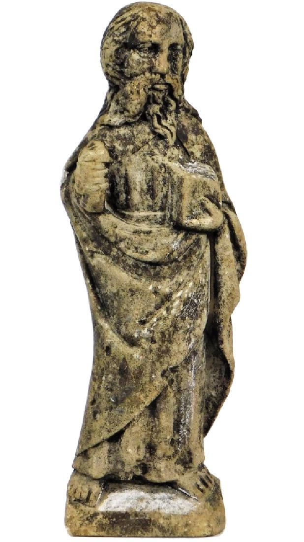15C Continental Medieval Limestone Christian Saint: Europe,15th CenturyFinely carved figure with animated facial features, detailed beard, and flowing robe holding two books.Limestone,11 3/4" tall,From the collection of a Providence, Rhode Island gentl
