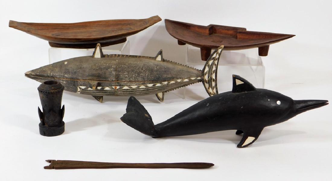 6PC Oceanic Dolphin Whale Divination Plate Mortar: South Pacific,20th Century Includes two wood divination plates, wood mortar, wood page turner, a figural dolphin with mother of pearl, and a figural whale with mother of pearl. wood, mother of pearl,W