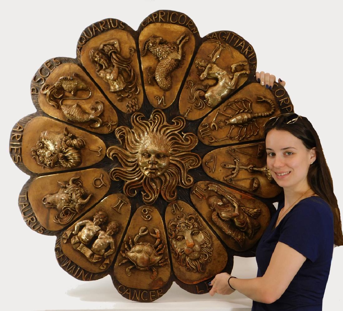 LG Horoscope Zodiac Calendar Wall Sculpture: United States,20th Century Floriform with figural center sun within the twelve zodiac signs with figural representation. Fiberglass, iron,Approx. 42" dia., From the collection of a Attleboro, Massachu